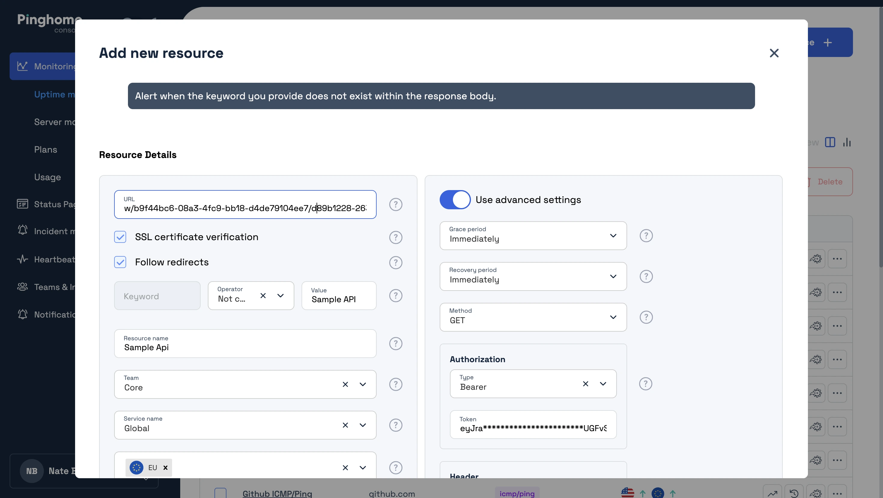 Pinghome-da avtorizasiya və ya xüsusi cookie-lər tələb edən resursların uptime monitorinqi