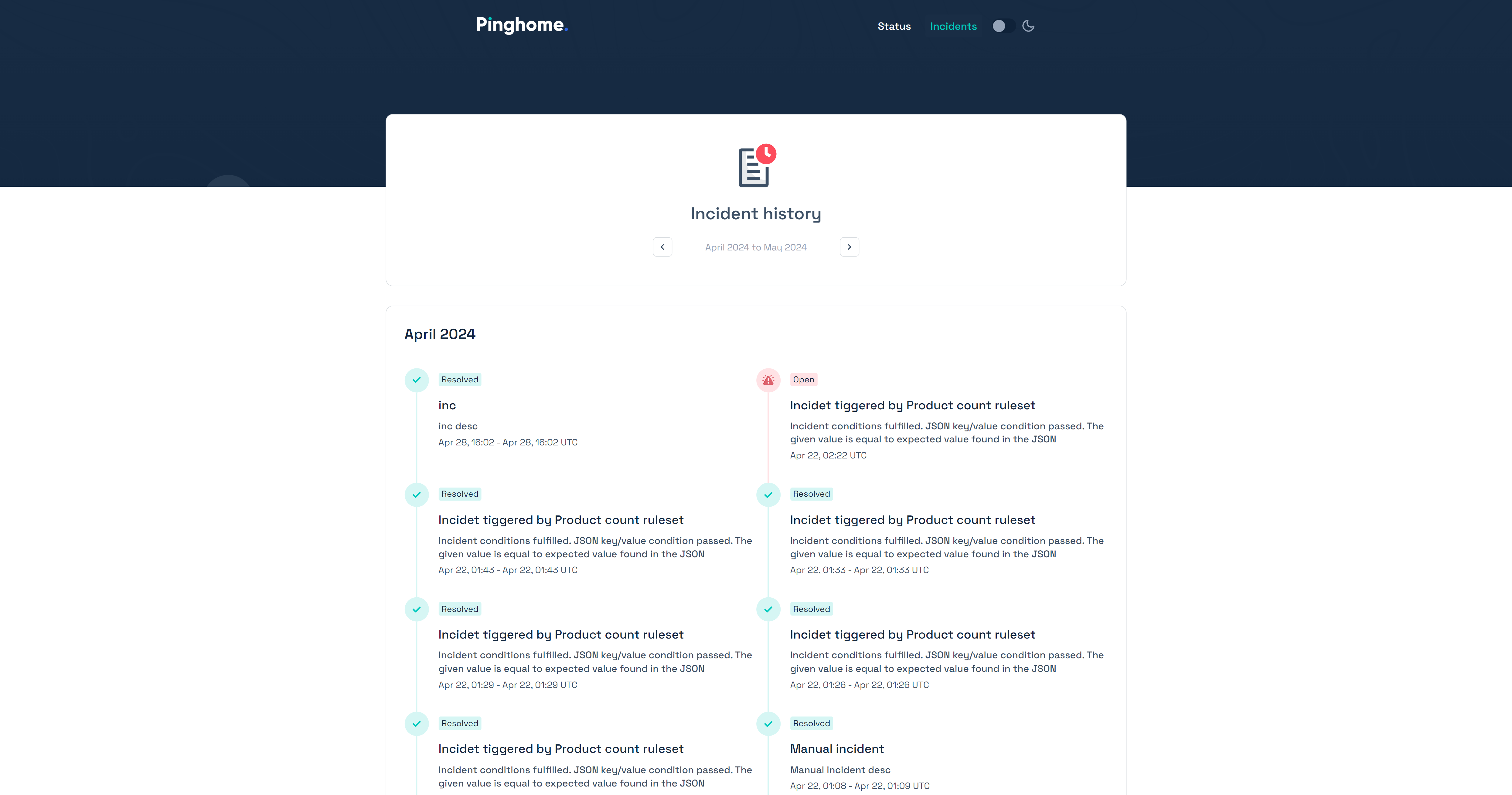Pinghome-da Status Səhifələri
